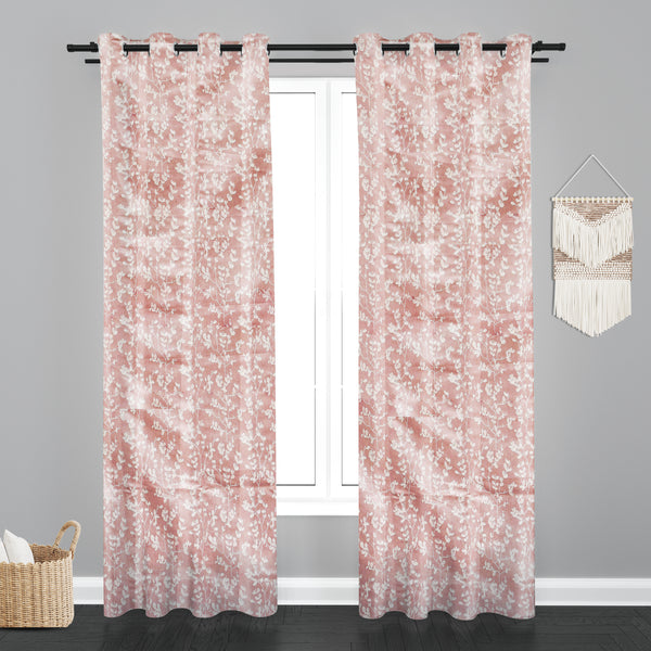 Accra Small Leaf  Design Zari Work Embrodiery Jaquard Curtain - Light Pink