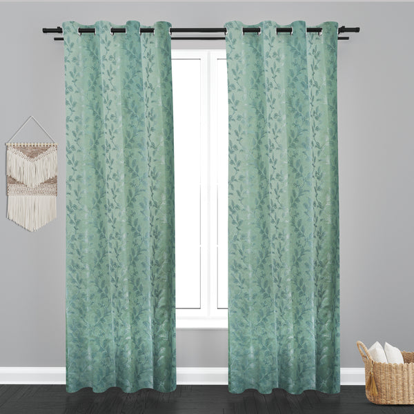 Astana Leaf Design Jaquard Fabric Curtain-Sea Green