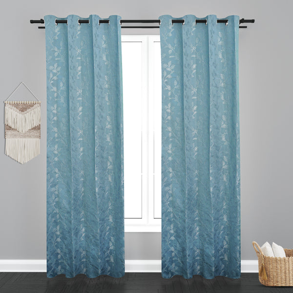 Astana Leaf Design Jaquard Fabric Curtain-Blue