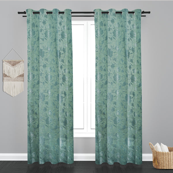 Astana Floral Leaf Design Jaquard Fabric Curtain-Sea Green