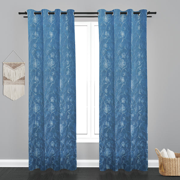 Astana Floral Leaf Design Jaquard Fabric Curtain-Blue