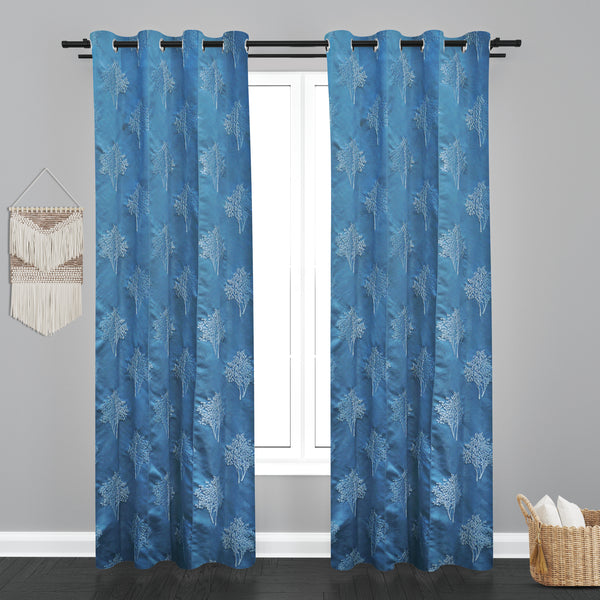 Astana Small Leaf with tree Design Jaquard Fabric Curtain-Blue