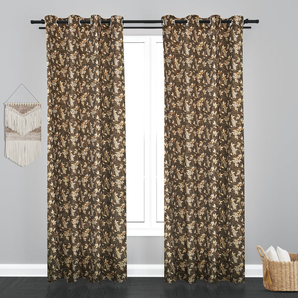 Cairo Leaf Design PolyCott Fabric Curtain - Dark Brown