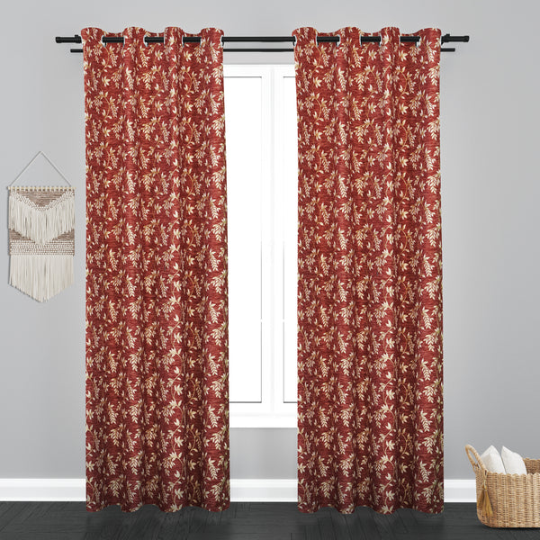 Cairo Leaf Design PolyCott Fabric Curtain - Maroon