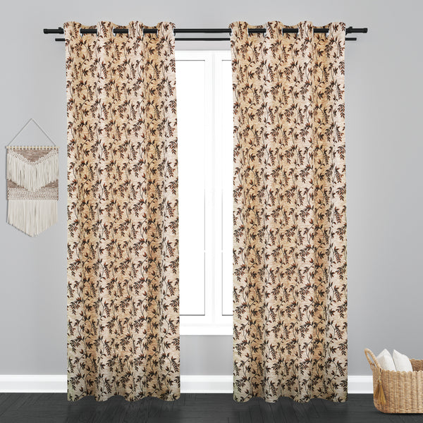 Cairo Leaf Design PolyCott Fabric Curtain - Light Brown