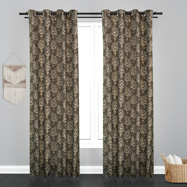 Cairo Leaf with Tree Design PolyCott Fabric Curtain - Dark Brown