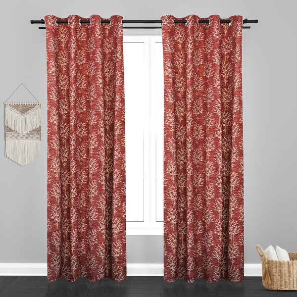 Cairo Leaf with Tree Design PolyCott Fabric Curtain - Maroon