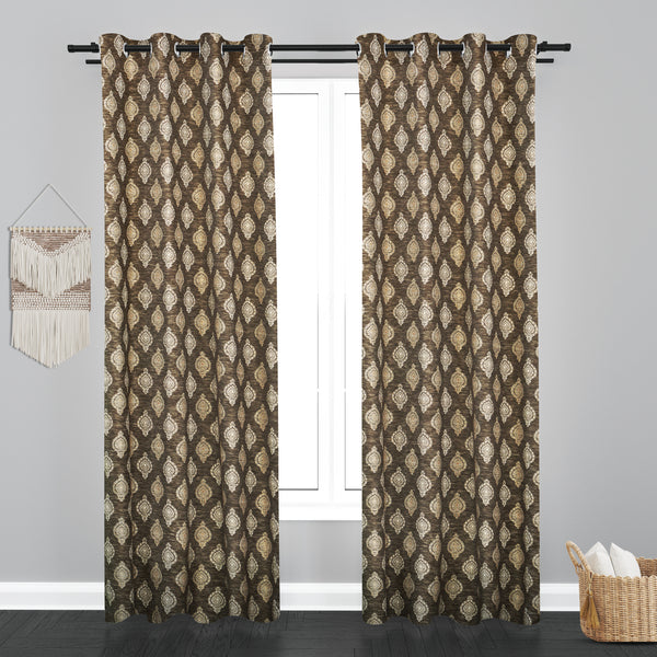 Cairo Damask Design PolyCott Fabric Curtain - Dark Brown