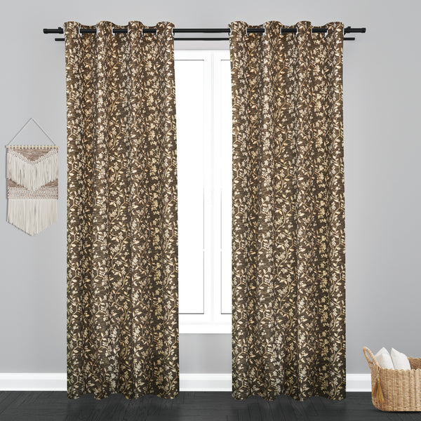 Cairo Floral Leaf Design PolyCott Fabric Curtain - Dark Brown