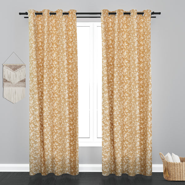 Cairo Floral Leaf Design PolyCott Fabric Curtain - Beige