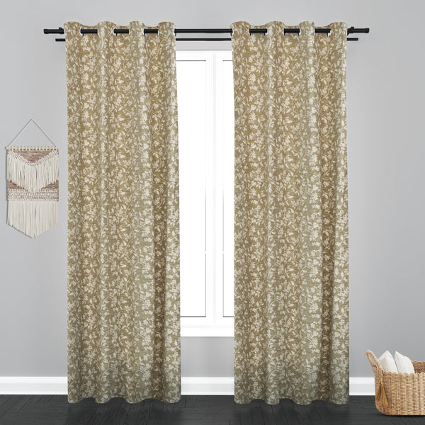 Cairo Floral Leaf Design PolyCott Fabric Curtain - Green