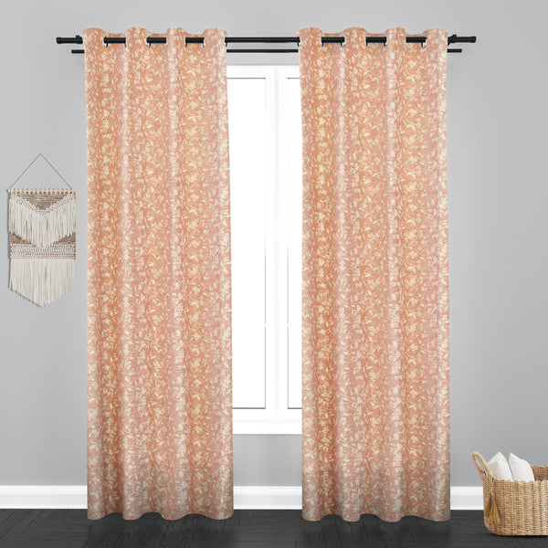 Cairo Floral Leaf Design PolyCott Fabric Curtain - Pink