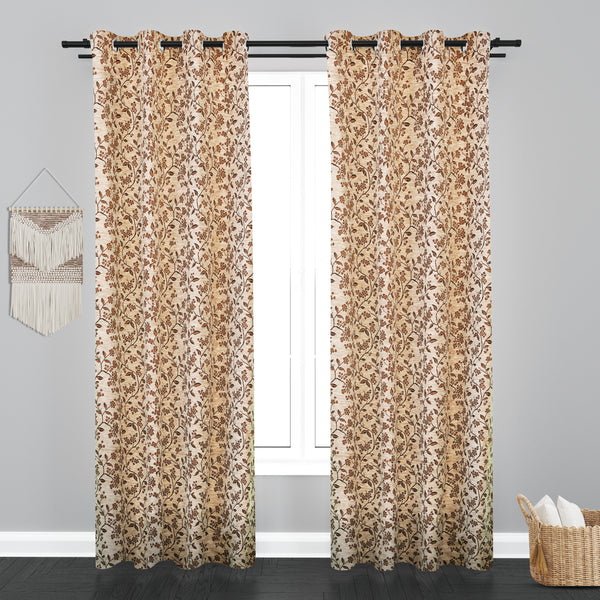 Cairo Floral Leaf Design PolyCott Fabric Curtain - Light Brown