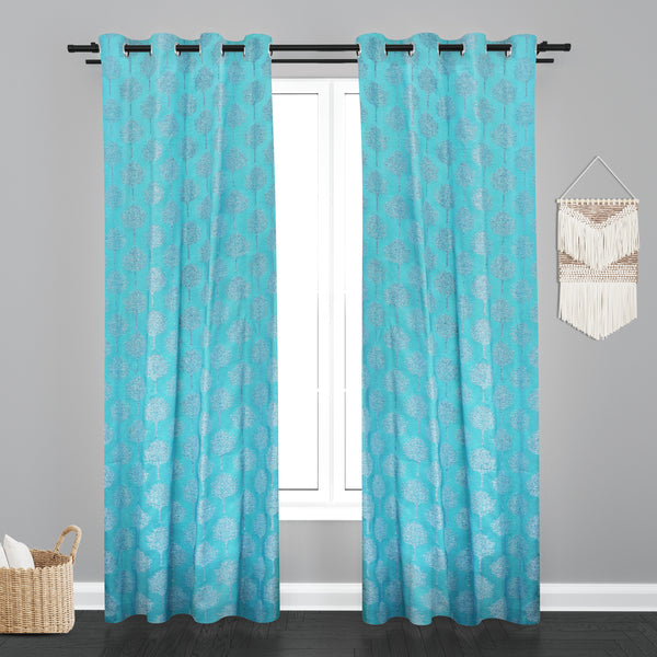 Doha Tree Design PolyCott Fabric Curtain - Firozi