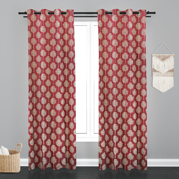 Doha Tree Design PolyCott Fabric Curtain - Wine