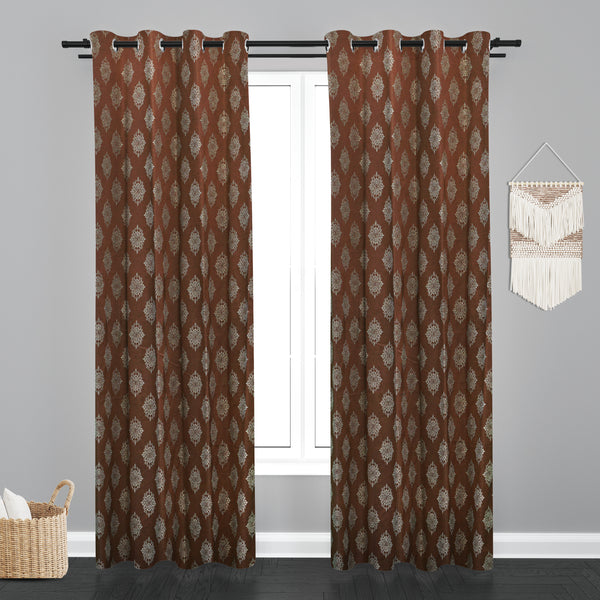 Doha Floral Leaf Design PolyCott Fabric Curtain - Coffee