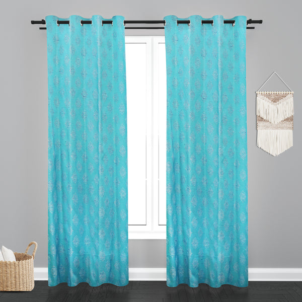 Doha Floral Leaf Design PolyCott Fabric Curtain - Firozi