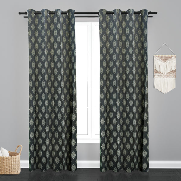 Doha Floral Leaf Design PolyCott Fabric Curtain - Grey