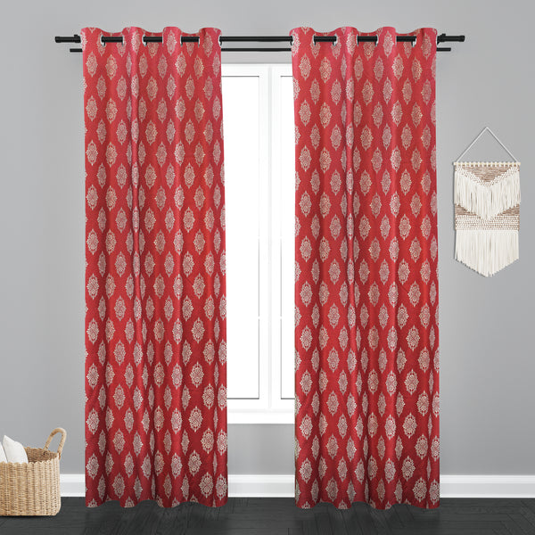 Doha Floral Leaf Design PolyCott Fabric Curtain - Wine