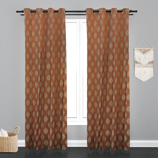 Doha Floral Leaf Design PolyCott Fabric Curtain - Brown