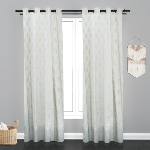 Doha Floral Leaf Design PolyCott Fabric Curtain - Light Grey