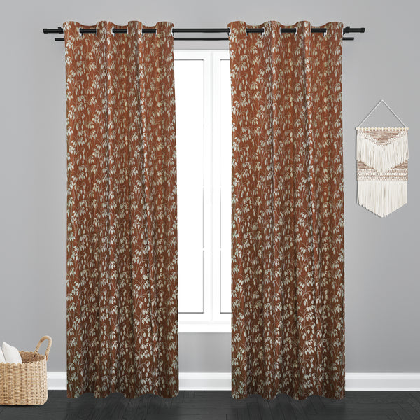 Doha Floral Leaf Design PolyCott Fabric Curtain - Coffee