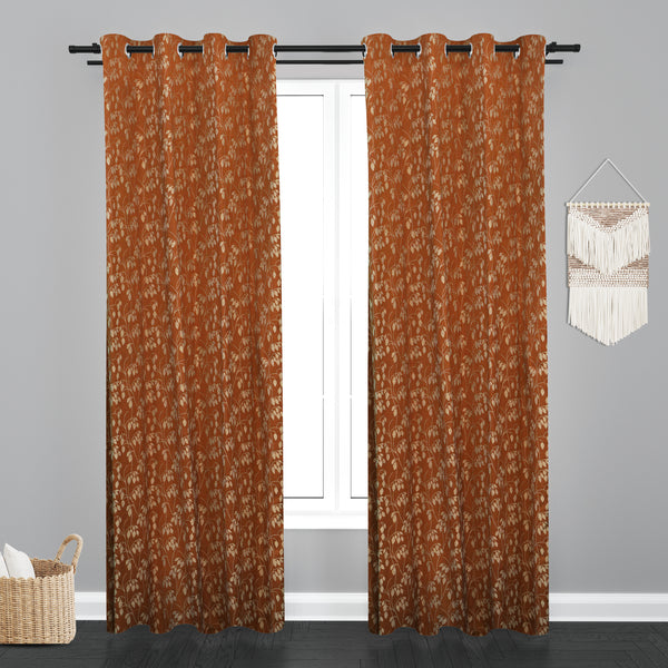 Doha Floral Leaf Design PolyCott Fabric Curtain - Bronze