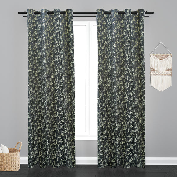 Doha Floral Leaf Design PolyCott Fabric Curtain - Grey