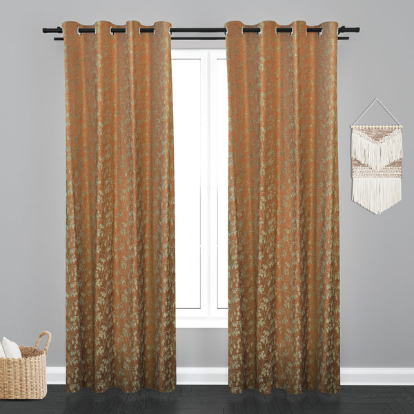 Doha Floral Leaf Design PolyCott Fabric Curtain - Brown