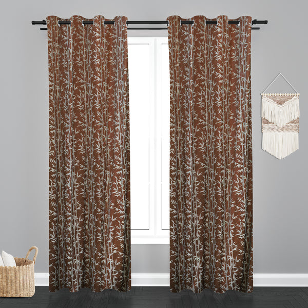 Doha Leaf Design PolyCott Fabric Curtain - Coffee
