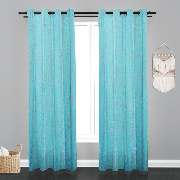 Doha Leaf Design PolyCott Fabric Curtain - Firozi