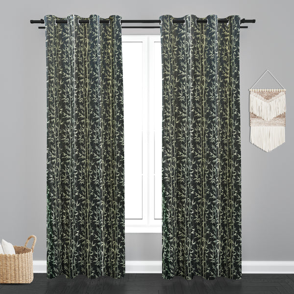 Doha Leaf Design PolyCott Fabric Curtain - Grey