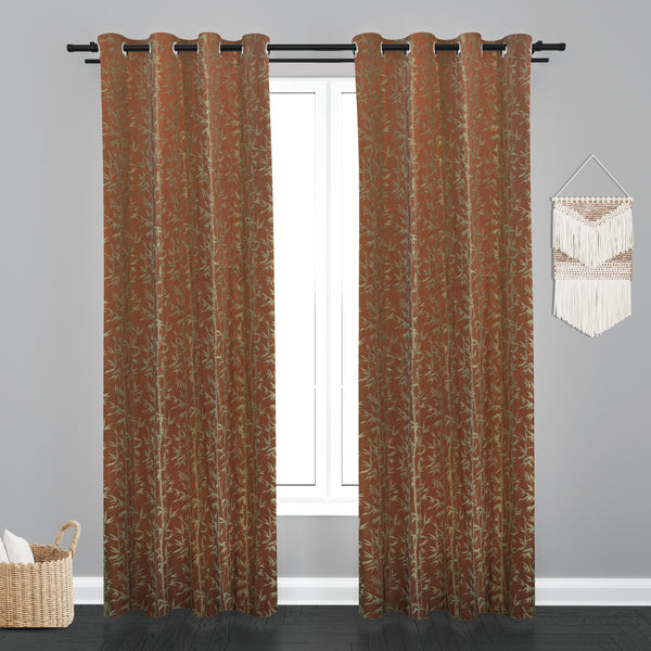 Doha Leaf Design PolyCott Fabric Curtain - Brown