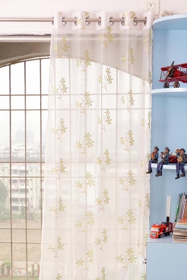 Sheer Tissue With Embroidery 3 Flower Design Eyelet Window Curtain