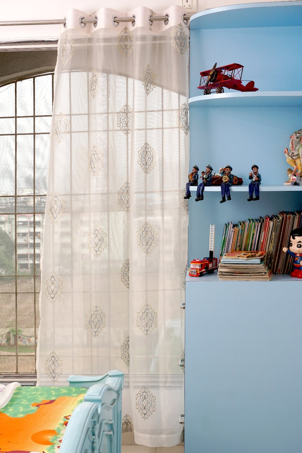 Sheer Tissue With Embroidery Damas Design Eyelet Window Curtain