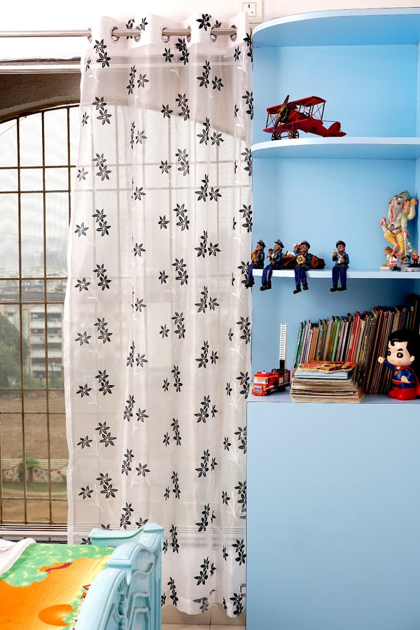 Sheer Tissue With Embroidery 3 Flower Design Eyelet Window Curtain