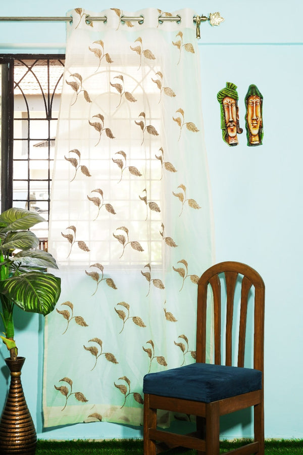 Sheer Tissue With Embroidery 3 Leaf Design Eyelet Window Curtain