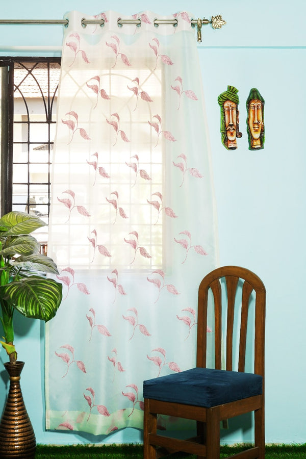 Sheer Tissue With Embroidery 3 Leaf Design Eyelet Window Curtain