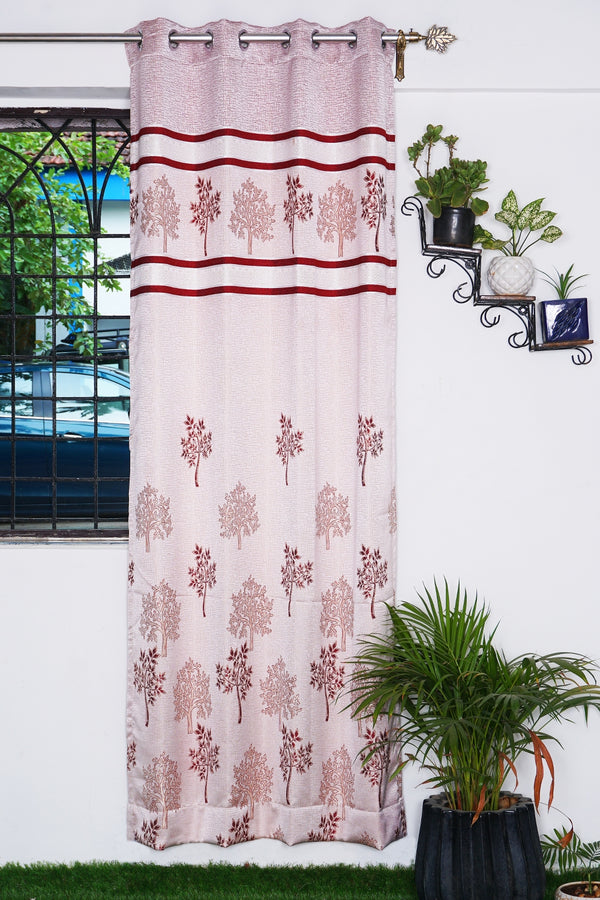 Jacquard Maroon & Pink Tree & Leaf Design Fabric Window Single Curtain