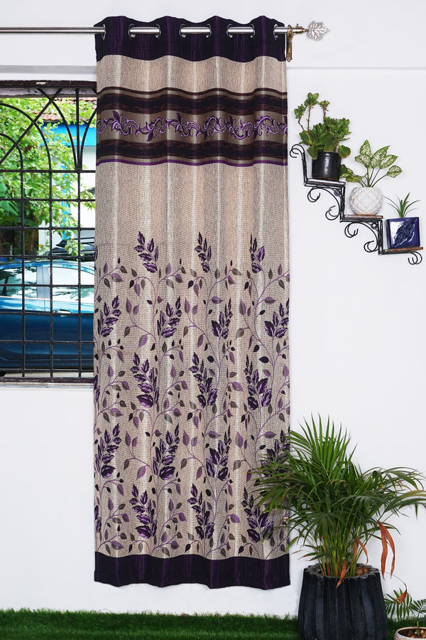 Jacquard Purple Leaves With Panel Design Fabric Window Single Curtain