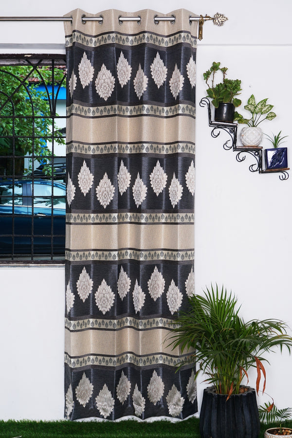 Jacquard Window Grey & Cream Floral Panel Design Single Curtain