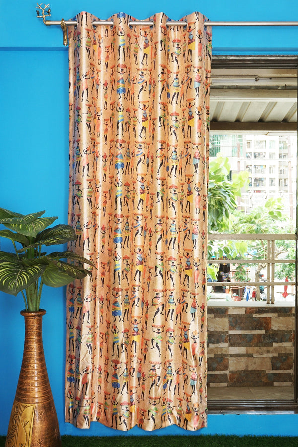 Warli Print Design Knitted Fabric Curtain