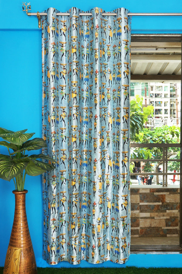 Warli Print Design Knitted Fabric Curtain