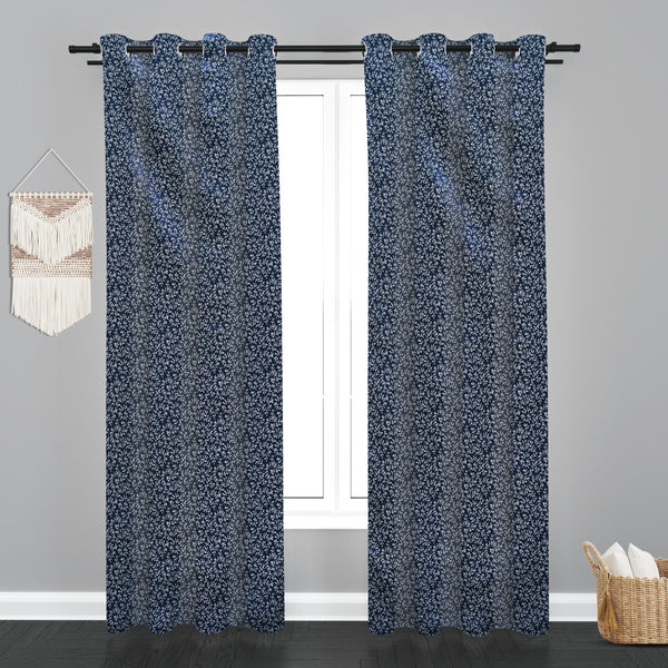 Lima  Floral Design Jaquard Fabric Curtain -Navy Blue