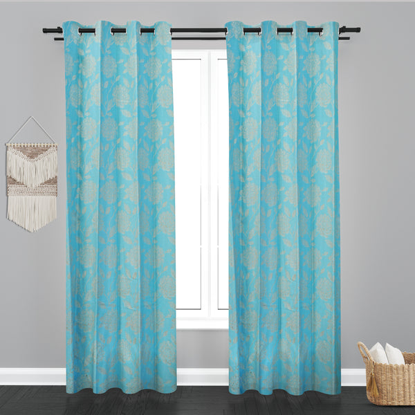 Seoul Floral Design Jaquard Fabric Curtain -Firozi