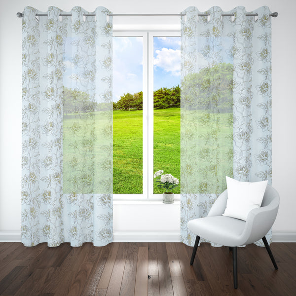 Beige Sheer Tissue With Embroidery Floral Design Eyelet Window Curtain