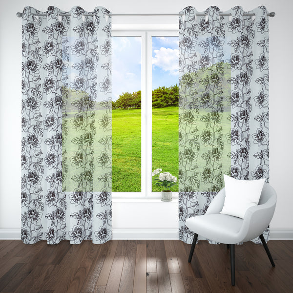 Brown Sheer Tissue With Embroidery Floral Design Eyelet Window Curtain