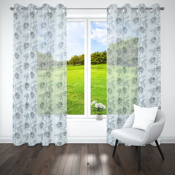 Grey Sheer Tissue With Embroidery Floral Design Eyelet Window Curtain