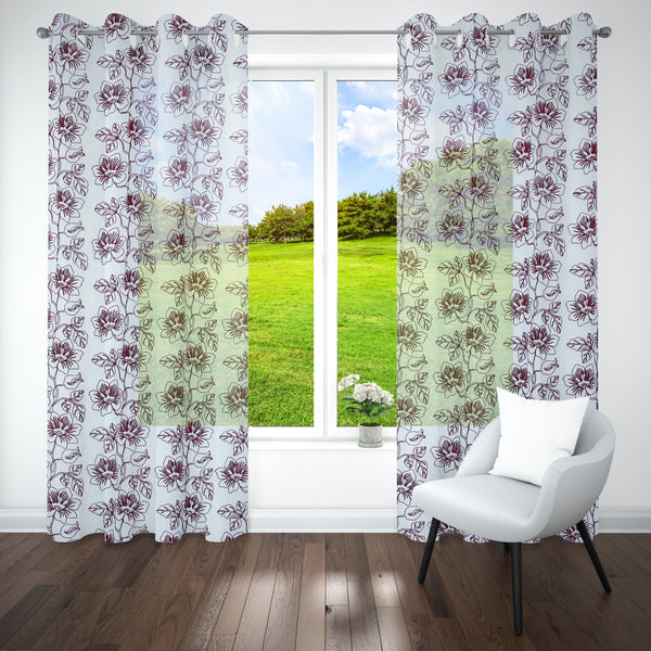 Maroon Sheer Tissue With Embroidery Floral Design Eyelet Window Curtain