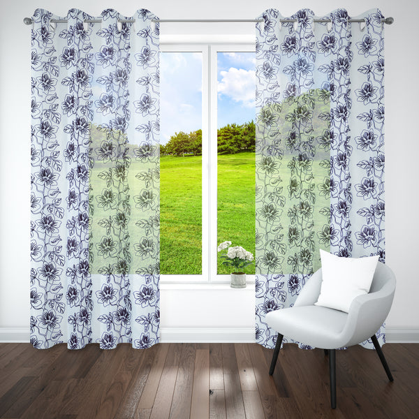 Purple Sheer Tissue With Embroidery Floral Design Eyelet Window Curtain